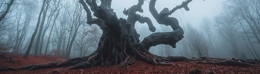 A large, gnarled tree stands in a foggy forest, its roots sprawling across the ground, surrounded by a carpet of fallen leaves.