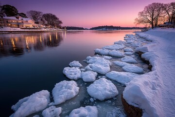 A serene winter landscape featuring a river bordered by snow and ice, with a beautiful sunset casting purple hues over the tranquil scene.