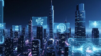 Futuristic cityscape with digital overlays, showcasing technological advancements and smart city concepts. - Powered by Adobe