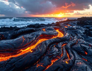 Fiery lava river meets crashing ocean waves at dusk
