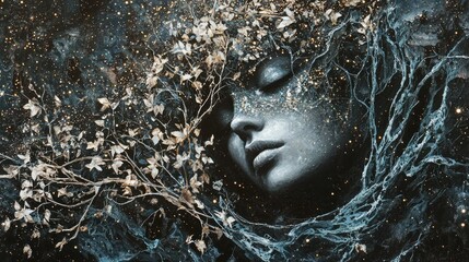 Ethereal Woman Adorned with Glistening Golden Leaves and Stardust in a Mystical, Darkened Landscape