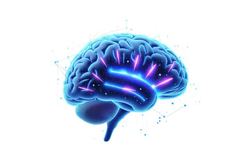 Abstract glowing blue human brain with neon light accents isolated on transparent background