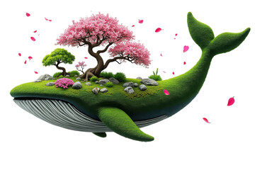 Whimsical green whale with a lush island and cherry blossom tree isolated on transparent background