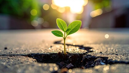 Resilient Seedling Sprouts Through Cracked Pavement in Golden Sunlight Hopeful New Life