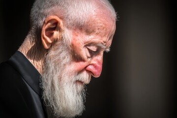 A contemplative elderly man with a long beard gazes downward, reflecting a moment of introspection and wisdom in soft, dramatic lighting.