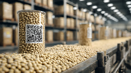 Glass jar of soybeans with a QR code label on a conveyor belt with loose beans in a warehouse.
