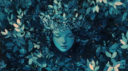 Ethereal Forest Spirit Amidst Glowing Teal Foliage, A Dreamlike Nature Portrait