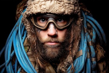 A close-up portrait of a rugged individual wearing protective goggles, camouflage gear, and surrounded by climbing ropes, emphasizing adventure and resilience.