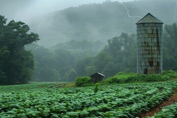 A stormy landscape features a green field with crops, a weathered silo, and distant mountains, set against a dramatic sky filled with lightning.