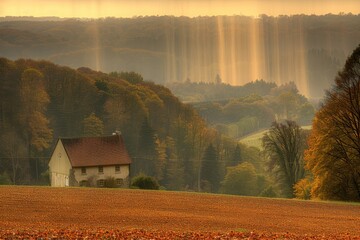 A serene landscape featuring a quaint house surrounded by autumn foliage and sunbeams filtering through trees, creating a tranquil atmosphere.