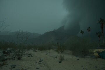 A dramatic landscape featuring dark clouds looming over a barren area with sparse vegetation and distant mountains, creating an ominous atmosphere.