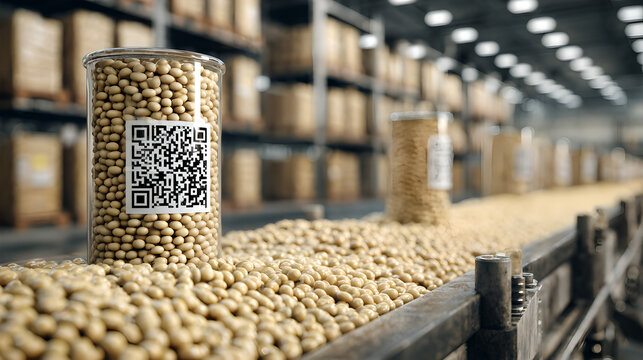 Glass jar of soybeans with a QR code label on a conveyor belt with loose beans in a warehouse.
