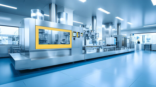 Long view of a large, high-tech industrial food processing and packaging machinery line.
