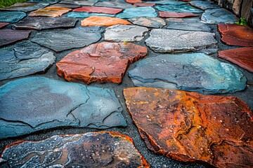 A close-up view of a colorful stone pathway, featuring various shapes and hues, showcasing natural textures and vibrant colors.