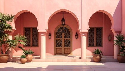 Elegant Moroccan Architecture with Arches, Plants, and Soft Pink Tones