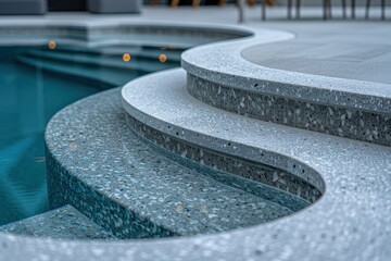 A modern swimming pool's elegant steps feature textured stone surfaces and clear water, creating a serene and luxurious atmosphere.
