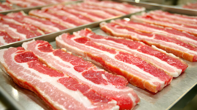 Rows of fresh, raw bacon strips with visible fat