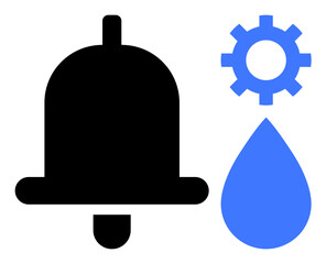 Bell for notification, gear for system settings, and water droplet in simple contrast. Ideal for alerts, customization, app design, management, automation efficiency minimalism. Simple flat