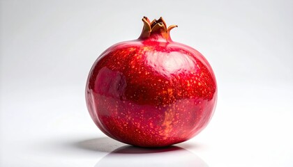 Ripe Pomegranate Isolated on White Background with Reflective Surface and Detailed Texture and Rich Red Colors in Studio Lighting