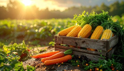 Ripe Corn and Carrots in Rustic Wooden Crate in Golden Sunlight