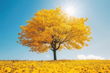A vibrant yellow tree stands alone in a field of flowers under a bright blue sky, radiating warmth and beauty.