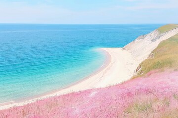 A serene beach scene with vibrant pink flowers in the foreground, gentle waves lapping at the shore, and clear blue water under a bright sky.