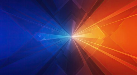 A vibrant, abstract geometric design with blue and orange hues, featuring sharp, angular shapes and a dynamic, modern style.