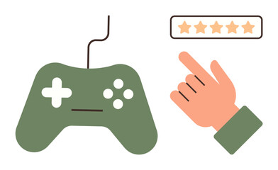 Green gaming controller next to hand rating with five stars. Ideal for gaming, reviews, user feedback, excellence, digital interaction, entertainment, simple flat metaphor