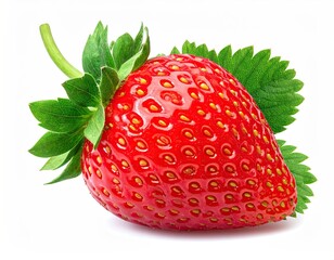 Ripe Red Strawberry Isolated on White Background with Fresh Green Leaves and Textured Surface in Studio Lighting Close Up Detail