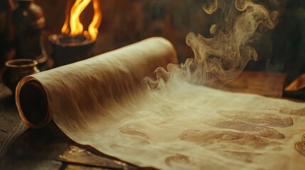 Ancient Scroll Unfurling with Ethereal Smoke and Fiery Glow, Evoking Mystery and Magic in a Historical Setting