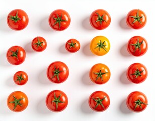 Ripe Red Tomatoes Arranged on a White Background Close Up Flat Lay Food Still Life Fresh Produce Concept With One Yellow Tomato