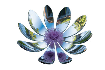 Abstract metallic flower reflecting nature isolated on transparent background