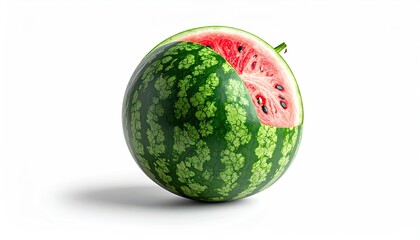 Ripe Watermelon with a Cut Section on a Clean White Background with Soft Shadows Revealing Red Flesh and Seeds