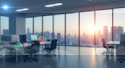 Modern office interior with large windows and city skyline in the background.