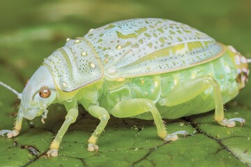 A close-up of a translucent insect resting on a leaf, showcasing its intricate body patterns and details.