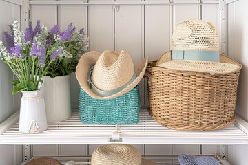 A tidy shelf displays woven hats, a basket, and a vase of purple flowers, creating a charming and organized aesthetic for a relaxing space.