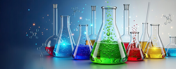 A colorful array of laboratory beakers with liquid and bubbles, against a blue and white background with molecular structures and glowing particles.