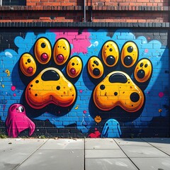 Brightly colored paw prints mural on a brick wall