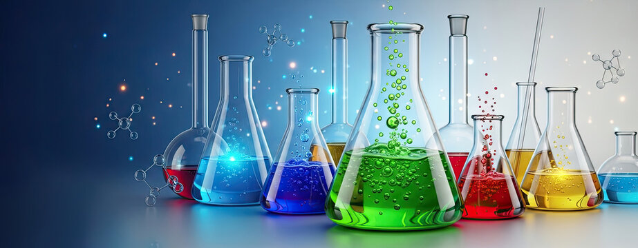 A colorful array of laboratory beakers with liquid and bubbles, against a blue and white background with molecular structures and glowing particles. - Powered by Adobe