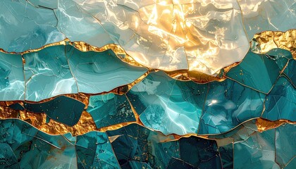 Abstract teal, gold cracked texture