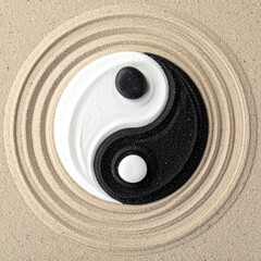 Yin Yang symbol in sand circle ripples
