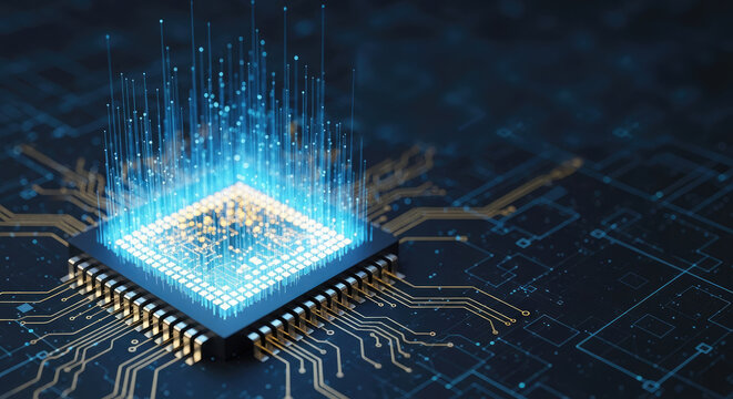 A glowing blue and white computer chip with a circuit board background.