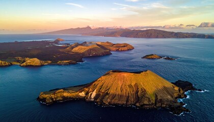 Volcanic islands in ocean at sunset