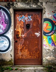 Rusty door, graffiti covered wall