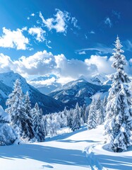 Snowy mountain scene with blue sky