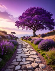 Stone path to tree under purple sky
