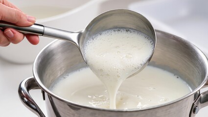 Pouring fresh, foamy milk with a metal ladle into a stainless steel pot, a key dairy ingredient for cooking and homemade recipes in the kitchen.
