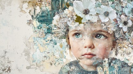 Artistic Mixed Media Portrait of an Innocent Young Girl with a White Floral Crown, Set Against a Distressed, Textured Wall Background in a Fragmented Mosaic Style