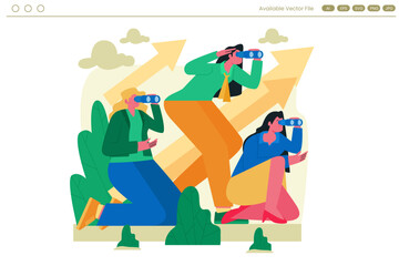 Three women look through binoculars with upward arrows behind them