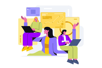 Three women with laptops and business charts